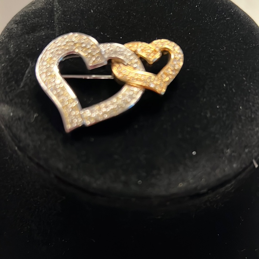 Double heart two toned pin with rhinestones